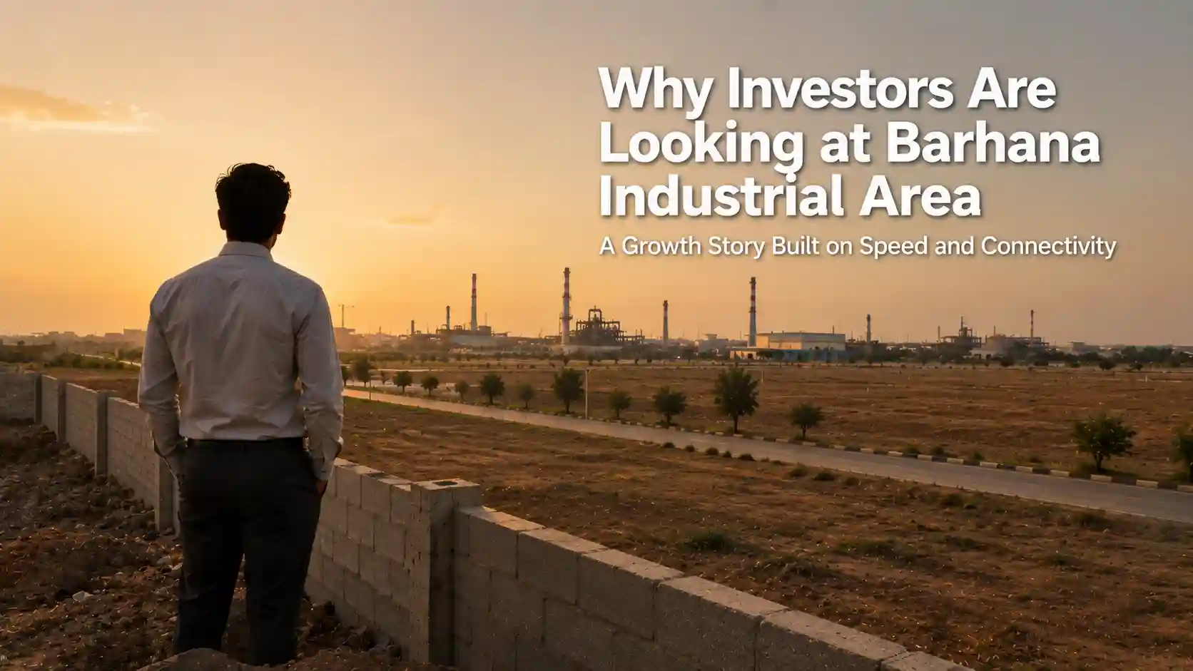 Investor overlooking a developing industrial plot representing the Barhana Industrial Area investment opportunity