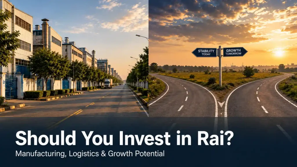 Split scene of an industrial estate and a decision-point visual, representing an honest evaluation of investing in Rai Industrial Area