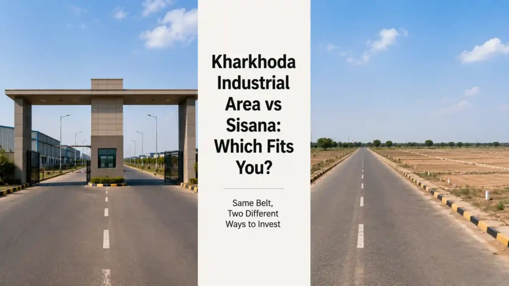 Split view of an industrial estate gate and open plotted land representing the Kharkhoda Industrial Area vs Sisana comparison