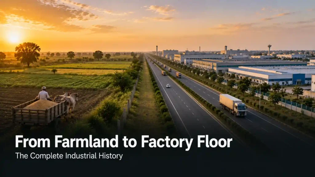 Split scene showing Kharkhoda's transition from farmland to an industrial township