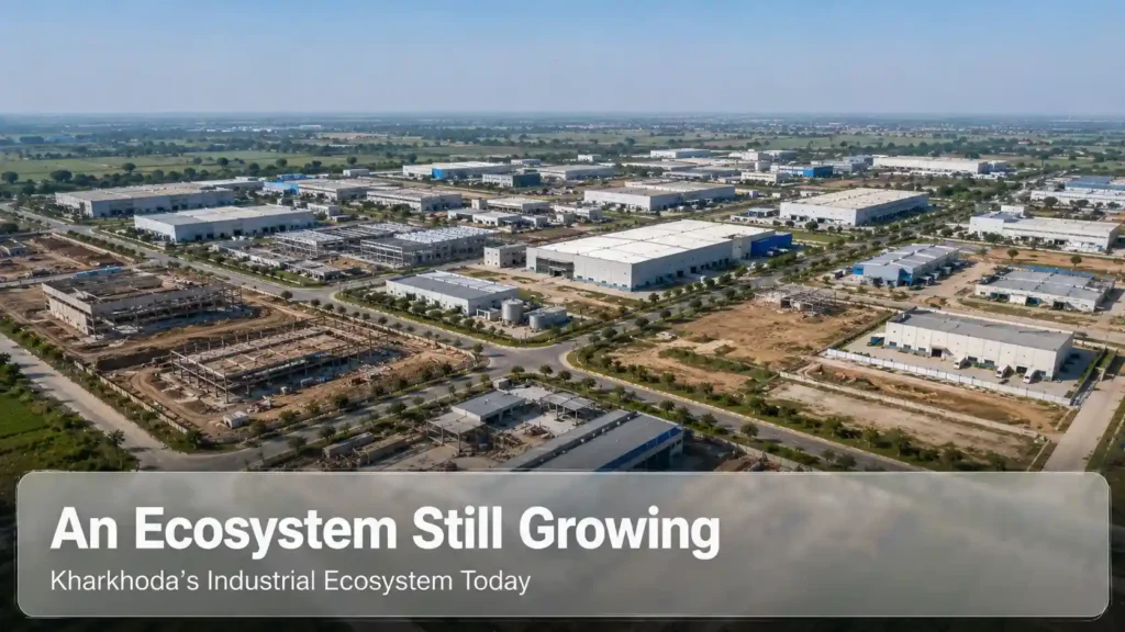 Aerial view of an industrial township with buildings under construction, representing Kharkhoda's expanding ecosystem