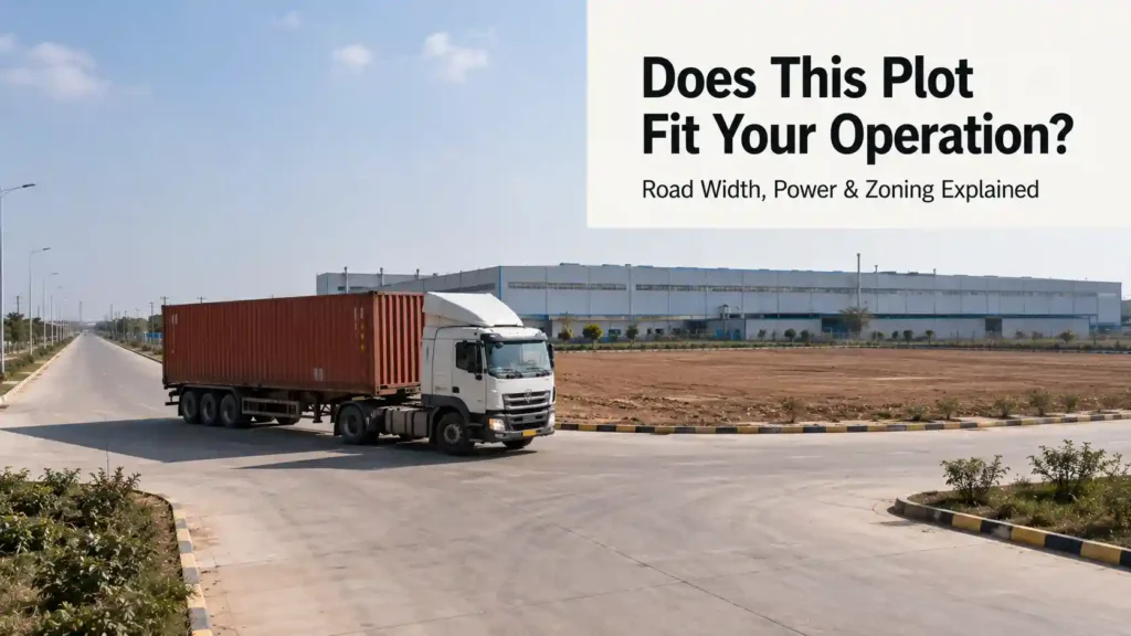 Industrial plot with a truck turning on a wide access road, representing plot and zone fit in Kharkhoda