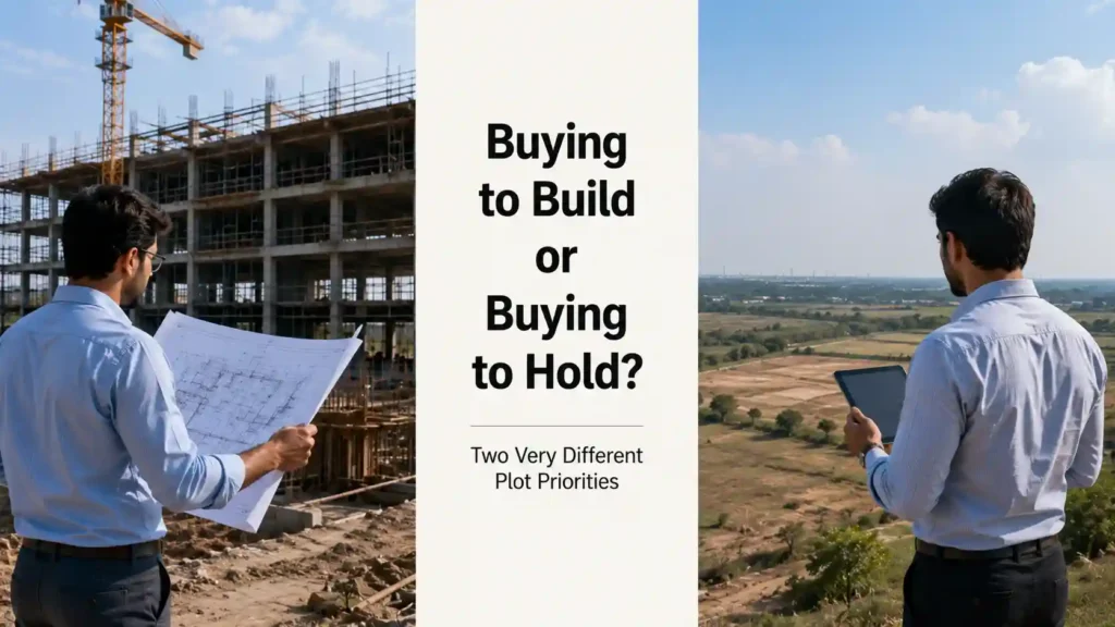 Comparison of an operational buyer at a construction site and an investment buyer reviewing land, representing different plot priorities in Kharkhoda