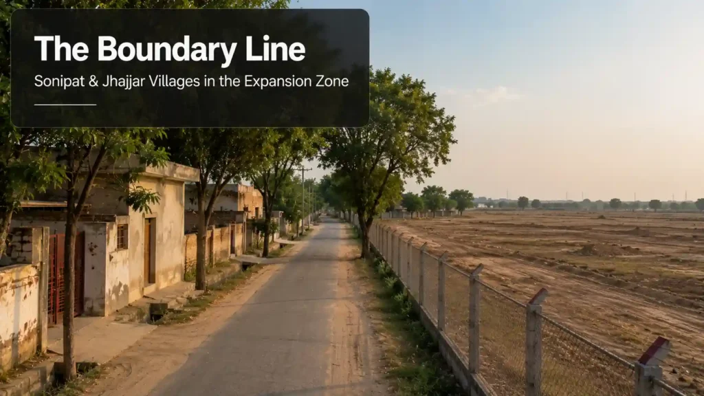 Rural village road bordering an open industrial boundary zone near Kharkhoda