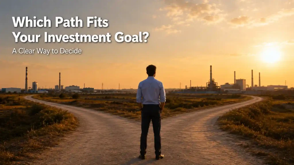 Investor at a fork in the path representing the decision between IMT Kharkhoda and Sisana