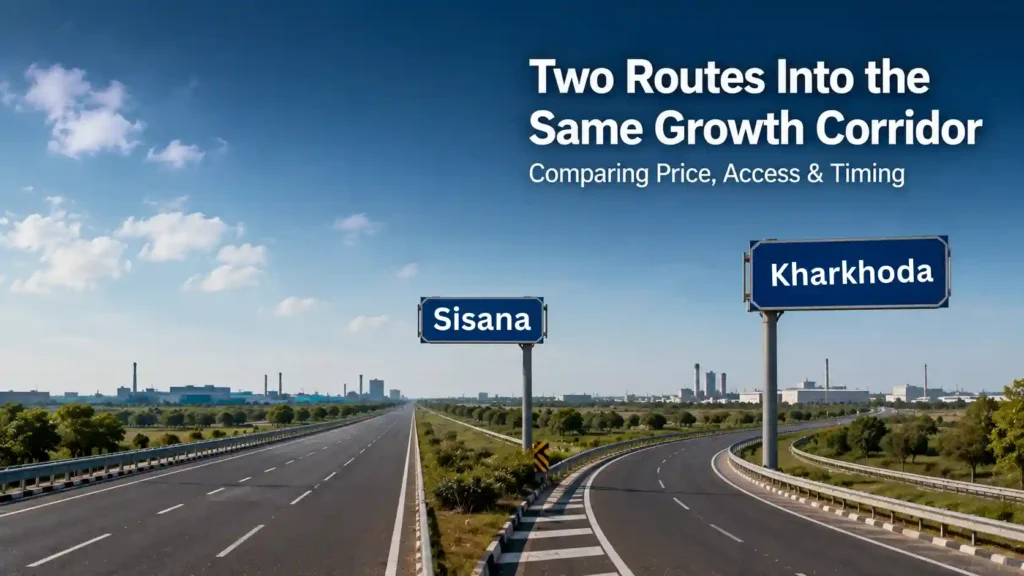 Highway with two directional signposts representing the two routes into the Kharkhoda industrial belt
