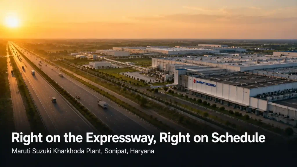Elevated view of an expressway running past an organized industrial zone, representing the Maruti Suzuki Kharkhoda plant's location on the KMP Expressway corridor