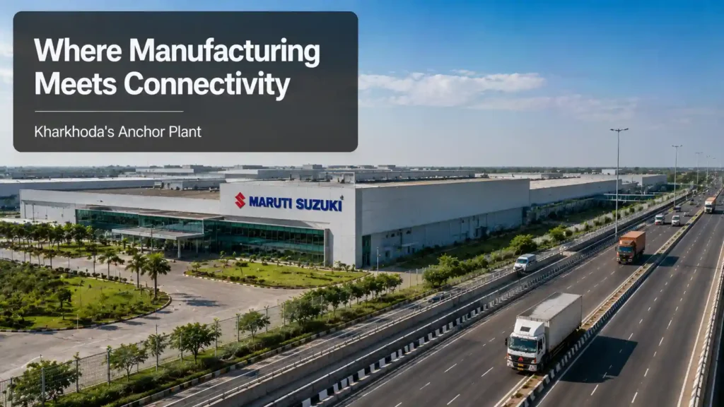 Modern automobile manufacturing facility beside an expressway, representing Kharkhoda's anchor plant