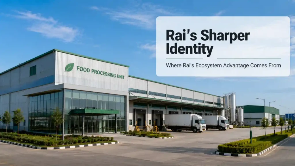 Food processing facility representing Rai's established sector identity versus Kundli's broader industrial base