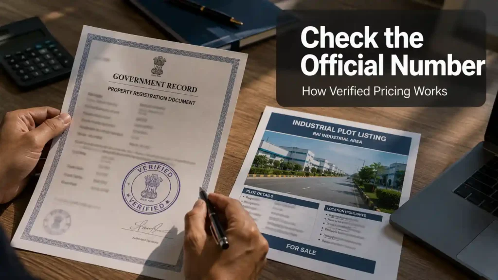 Official document being cross-checked against a property listing, representing price verification in Rai Industrial Area
