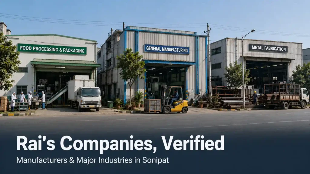 Row of distinct factory frontages representing Rai Industrial Area's diversified company base