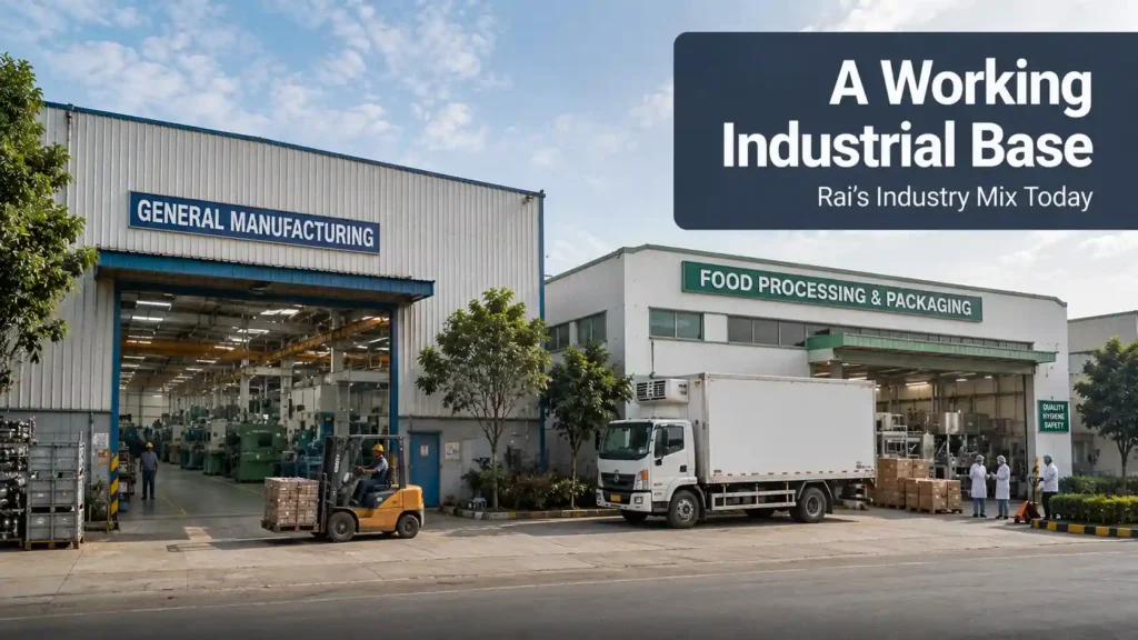 Manufacturing and food-processing facilities side by side, representing Rai Industrial Area's industry mix