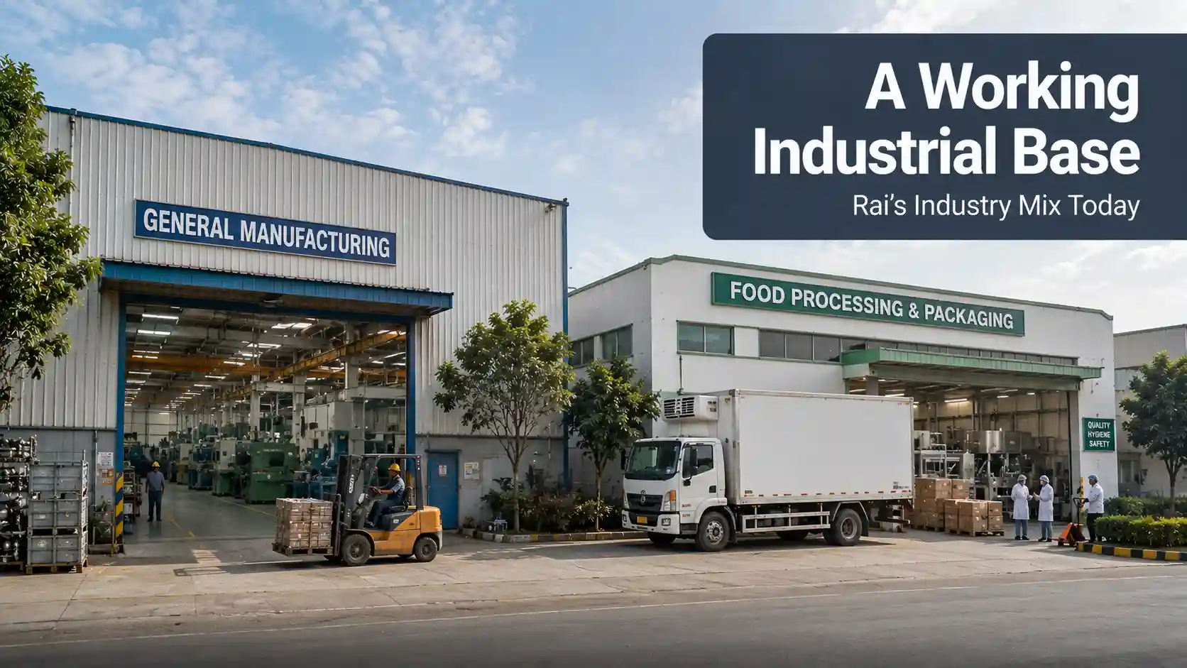 Manufacturing and food-processing facilities side by side, representing Rai Industrial Area's industry mix