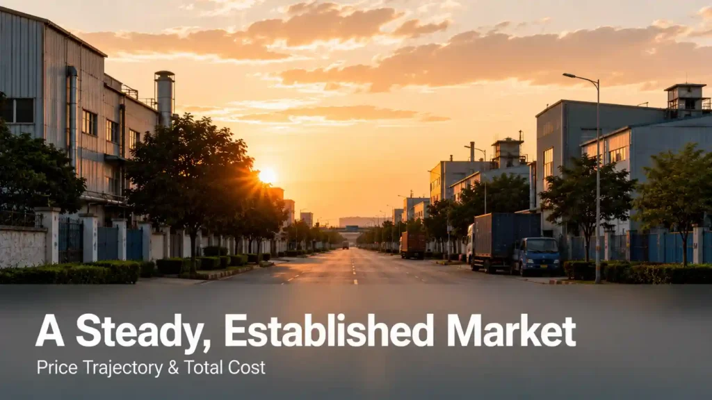 Calm, mature industrial estate street at golden hour, representing Rai Industrial Area's steady price trajectory