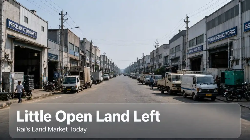 Dense, fully built industrial street with no vacant land, representing Rai's current land scarcity
