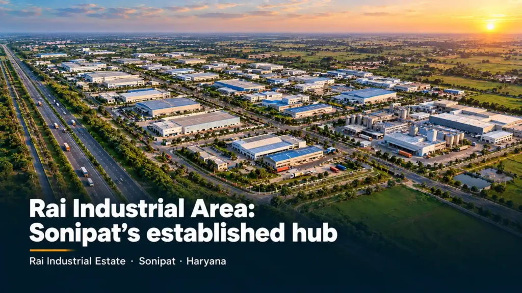 Aerial-style map of Rai Industrial Area showing the estate grid, Food Park zone and its position along NH-44 near Sonipat city