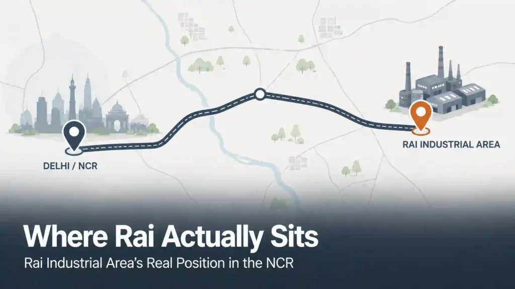 Illustrative map graphic showing Rai Industrial Area's location relative to Delhi and Sonipat