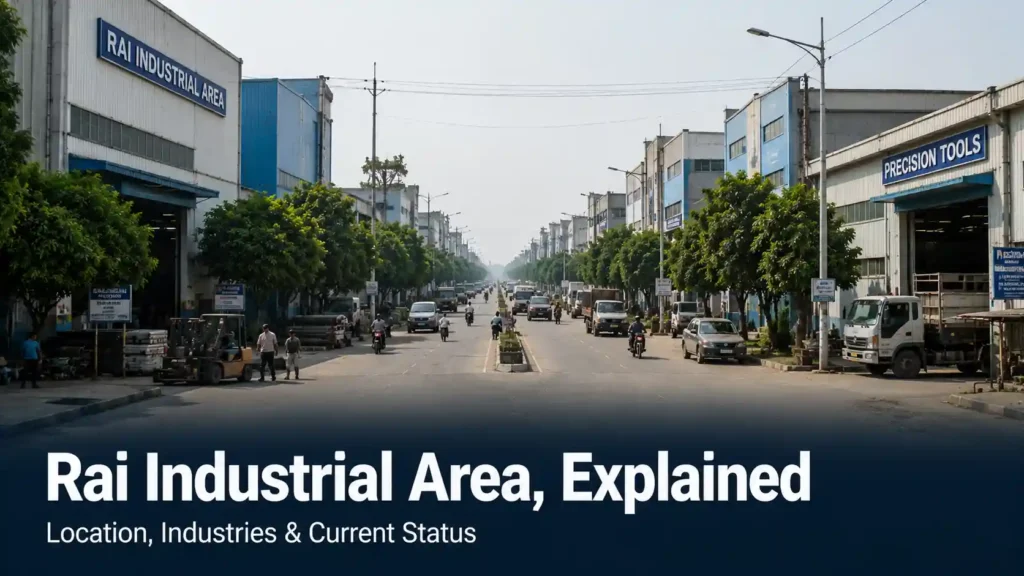 Established industrial estate street view representing Rai Industrial Area, Sonipat