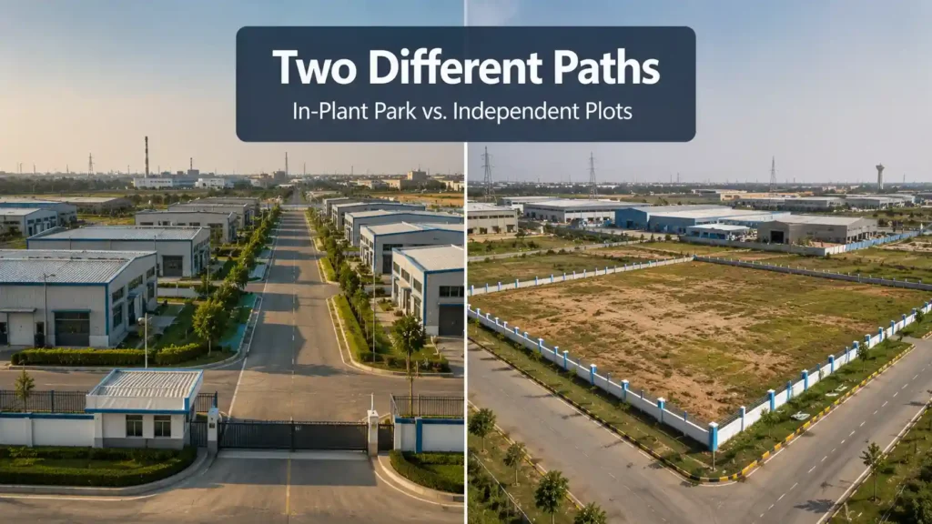 Split scene comparing a supplier-park cluster with an independent industrial land plot