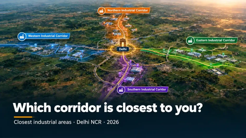 Closest industrial areas to Delhi NCR by starting location, showing north, south, west and east corridors around Delhi