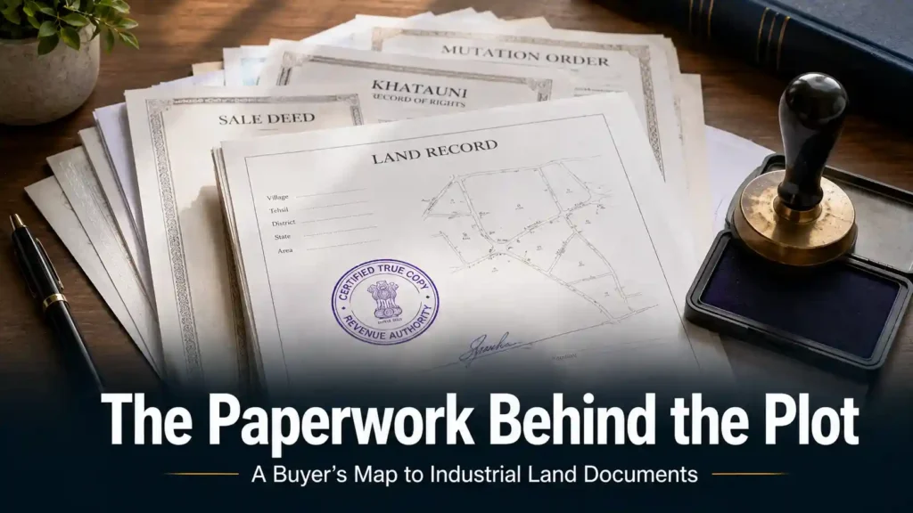 Official land documents and certification seal representing due diligence for industrial land purchases in Haryana