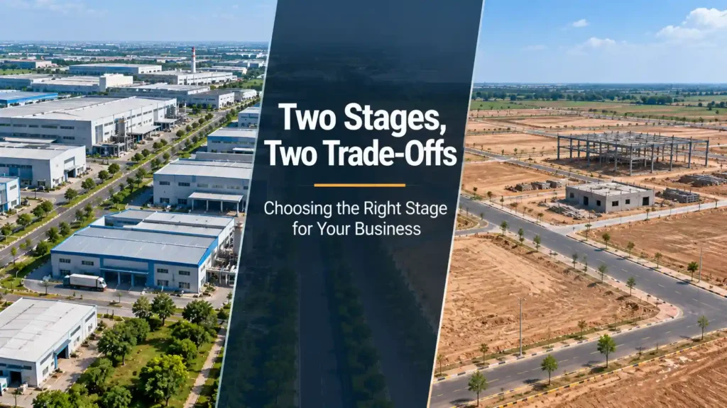 Split image comparing an established, mature industrial park to an emerging, newly-developing industrial corridor in Haryana