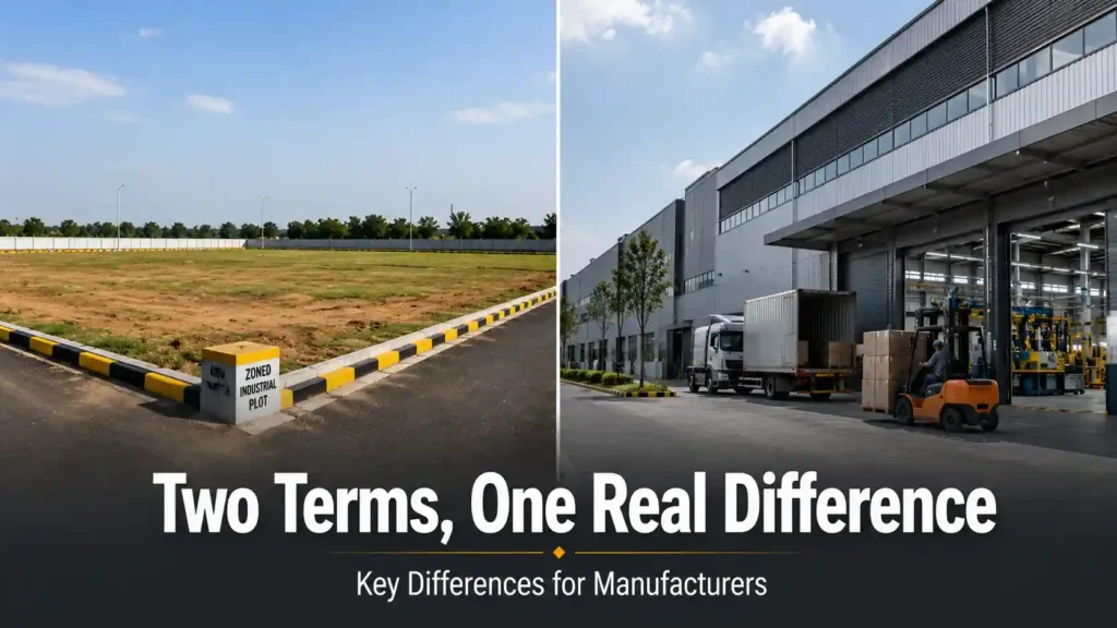 Split scene of an empty zoned industrial plot and an operating factory, representing the difference between industrial plots and factory-ready land