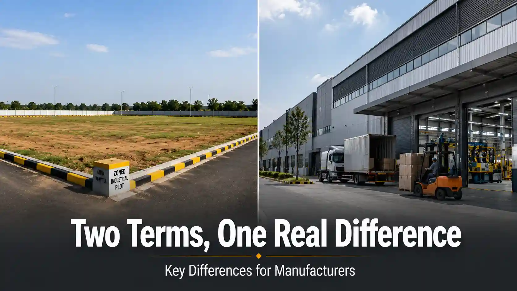 Split scene of an empty zoned industrial plot and an operating factory, representing the difference between industrial plots and factory-ready land
