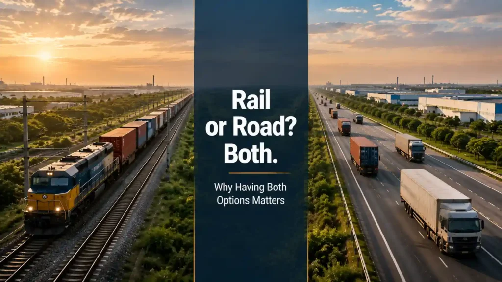 Split image of rail and road freight representing modal choice enabled by Haryana's industrial corridors