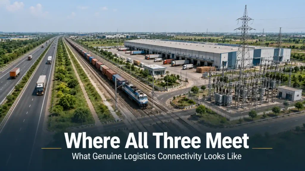 Road, rail, and power infrastructure converging at an industrial site, representing genuine logistics connectivity in Haryana