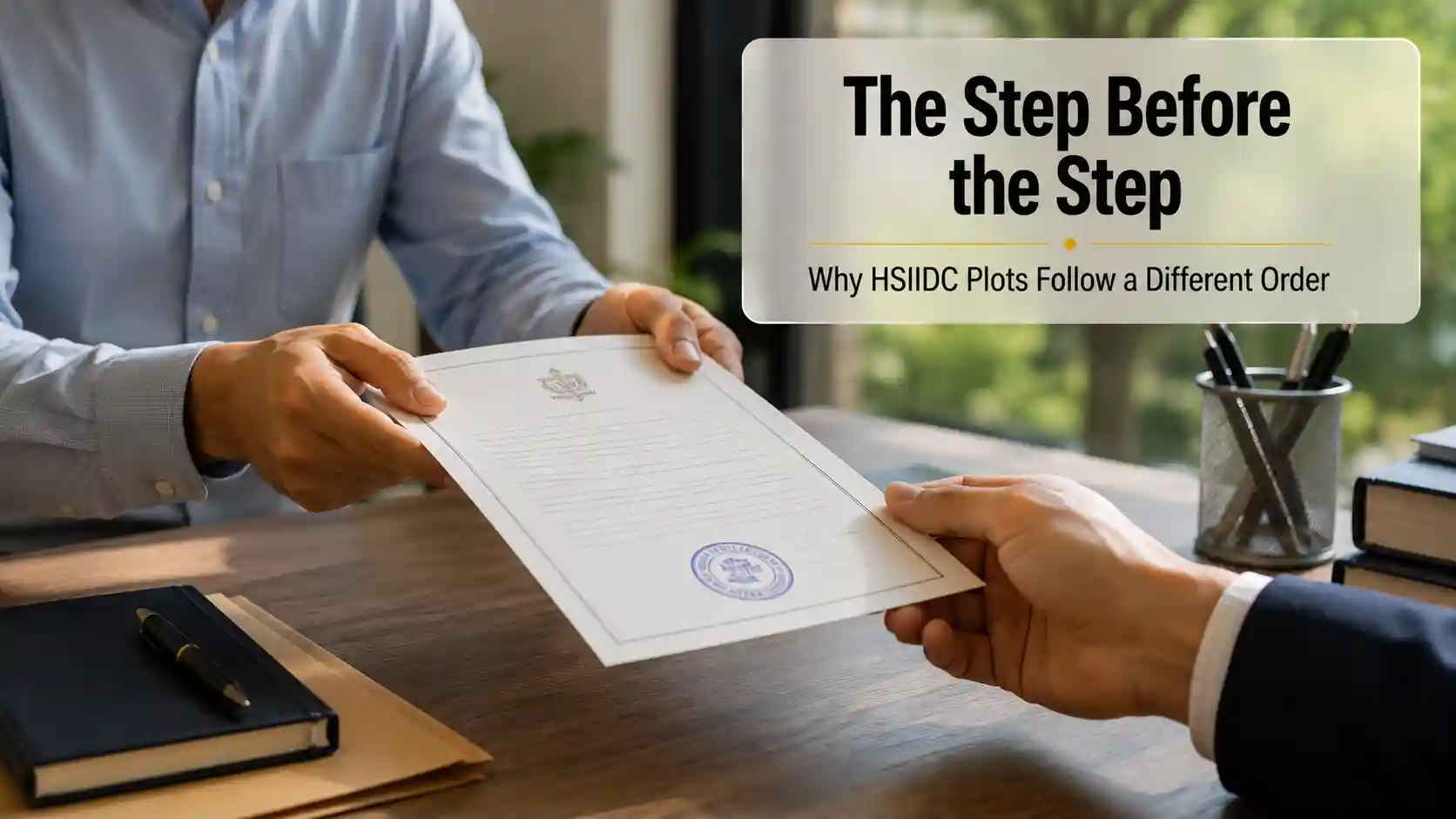 Formal approval document handoff representing HSIIDC's transfer permission requirement before industrial plot registration