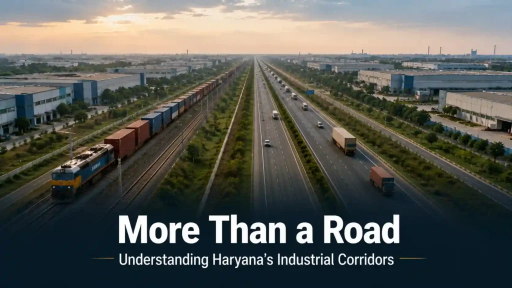 Parallel rail and expressway infrastructure representing Haryana's layered industrial corridor network