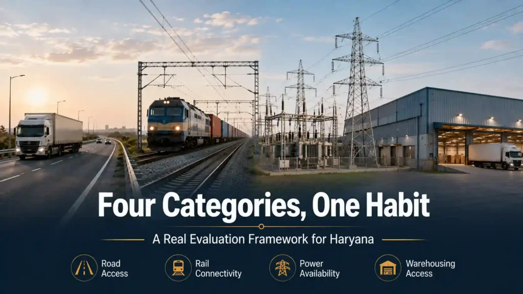 Illustrative overview of the four infrastructure categories — roads, rail, power, logistics — used to evaluate industrial locations in Haryana