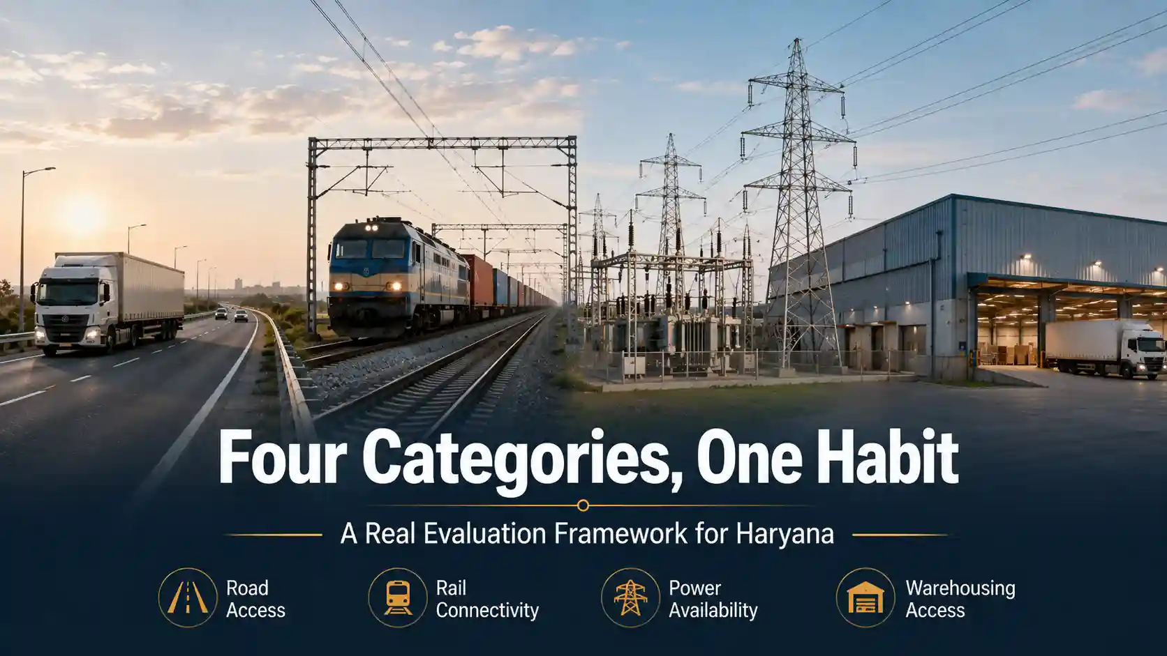 Illustrative overview of the four infrastructure categories — roads, rail, power, logistics — used to evaluate industrial locations in Haryana