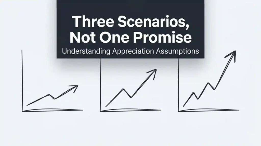 Three abstract upward-trending line sketches of varying steepness, representing multiple appreciation scenarios for industrial land ROI