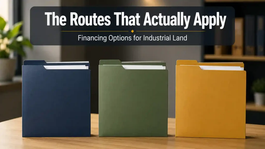 Three distinct document folders representing different financing routes for industrial land