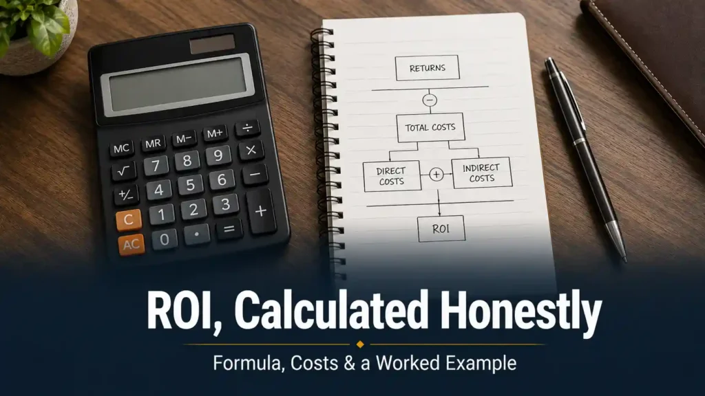 Calculator and notepad with a formula sketch on a desk, representing an honest, transparent industrial land ROI calculation