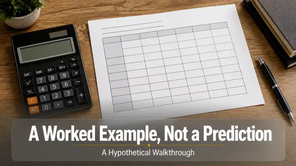 Desk scene with an abstract table sketch and calculator, representing a hypothetical worked ROI example for industrial land