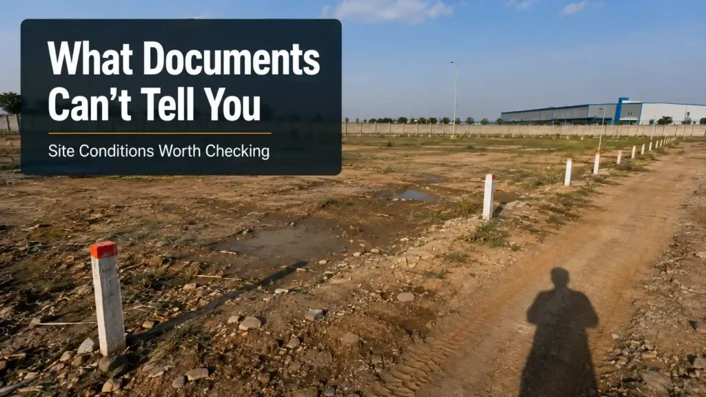 Open industrial plot with visible boundary markers, representing in-person site condition verification