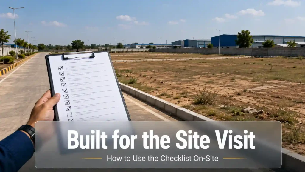 Hand holding a checklist at an open industrial plot, representing on-site use of the buying checklist