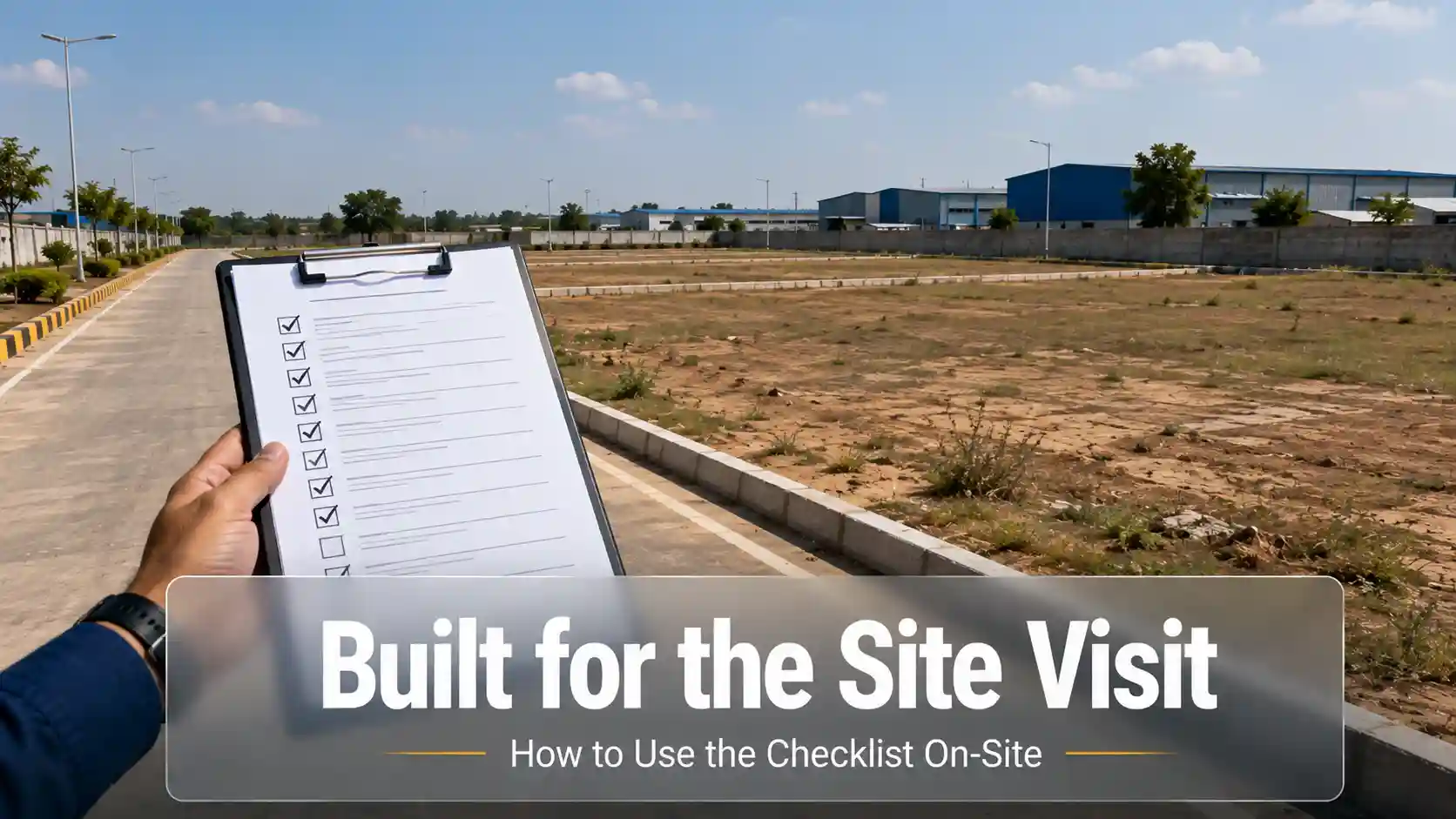 Hand holding a checklist at an open industrial plot, representing on-site use of the buying checklist
