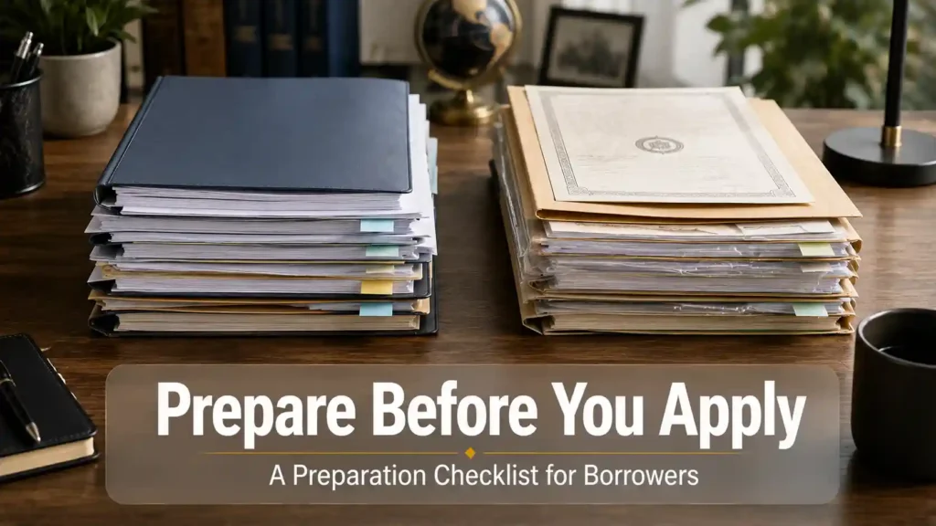 Two organized document stacks representing business and land paperwork preparation for an industrial land loan application