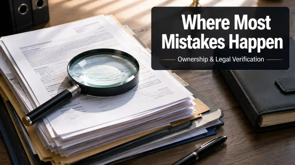 Stacked legal documents with a magnifying glass, representing ownership and title verification for industrial plots