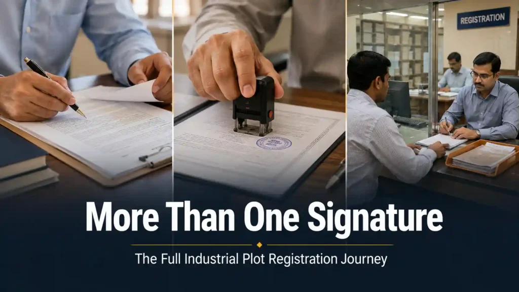 Sequential stages of document review, stamping, and formal registration representing the industrial plot registration journey in Haryana