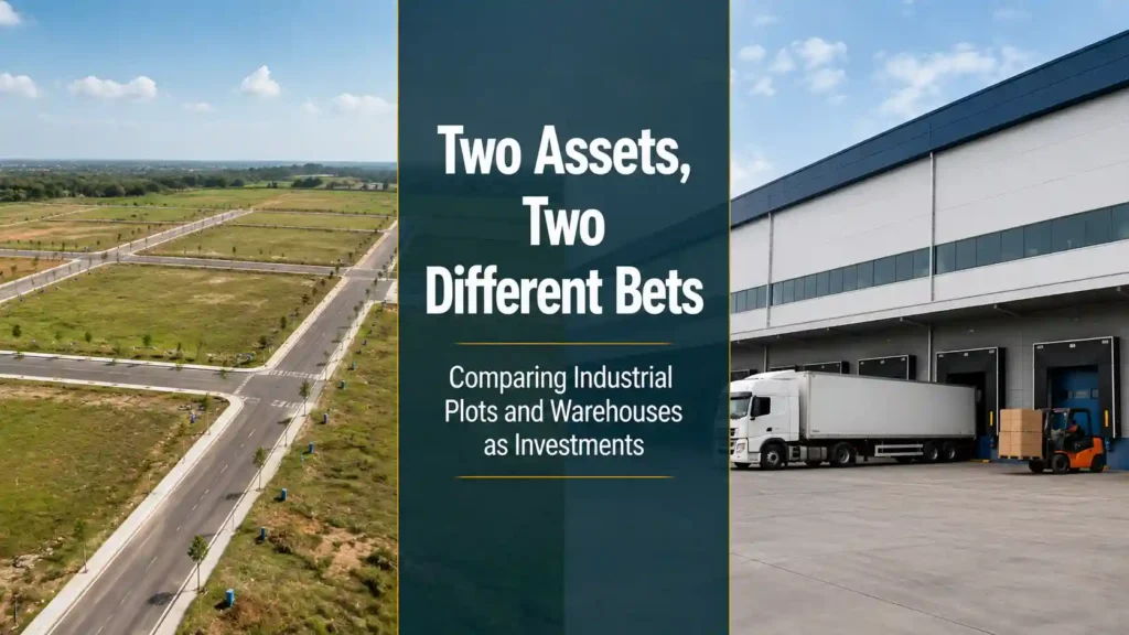 Split image comparing undeveloped industrial land to a completed warehouse, representing two distinct investment asset types