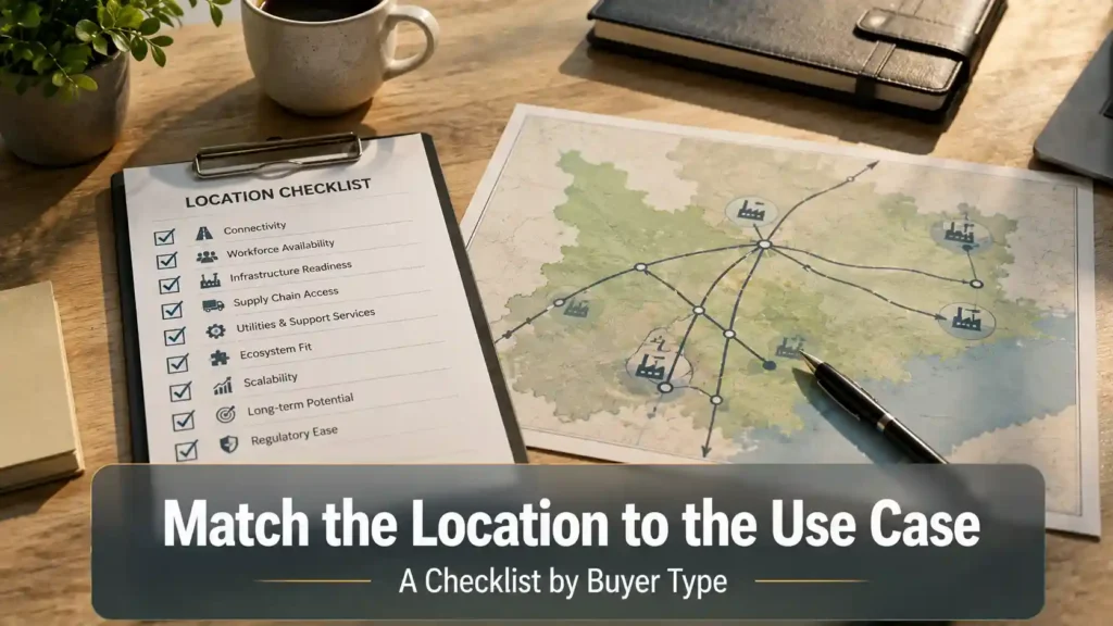 Desk scene with a checklist and map, representing a structured approach to shortlisting an industrial plot location