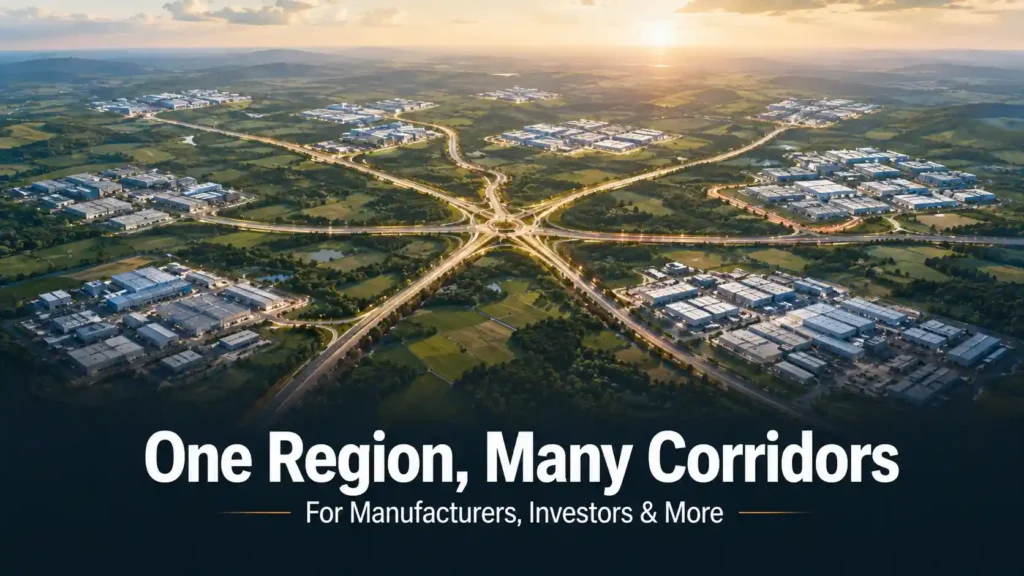 Stylised regional map showing multiple distinct industrial clusters connected by highways, representing Delhi NCR's segmented industrial belt