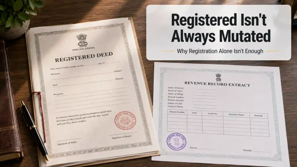 Paired registered deed and revenue record extract representing the registration-versus-mutation distinction in Haryana land purchases