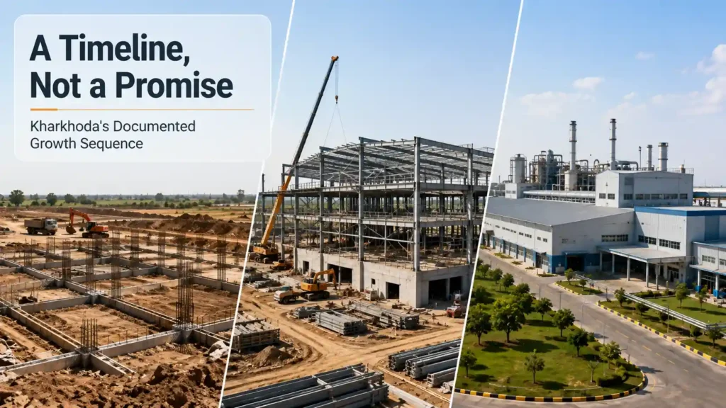 Sequential construction timeline representing Maruti Suzuki's documented hub-formation progress at Kharkhoda