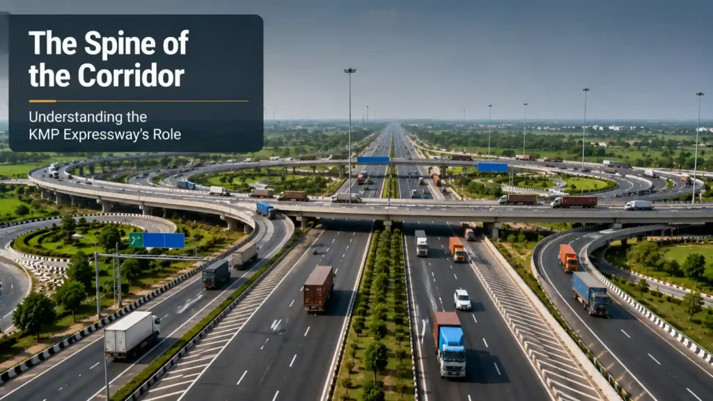 Multi-lane expressway interchange with heavy truck traffic, representing the KMP Expressway's role in Haryana's warehousing corridor